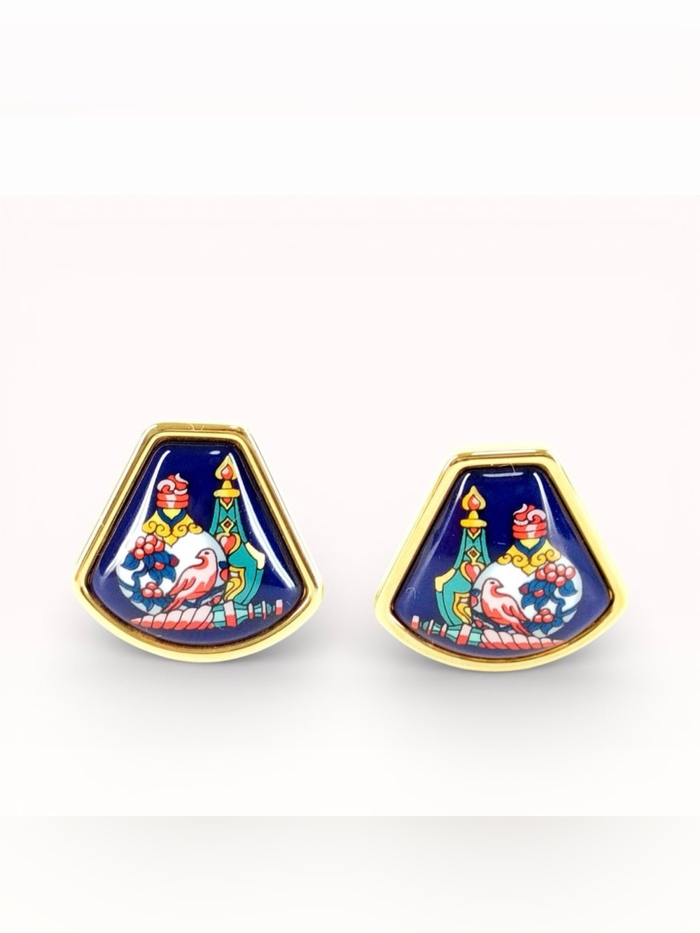 A Pair of Hermes Cloisonne Enamel Fan Shaped Clip On Earrings